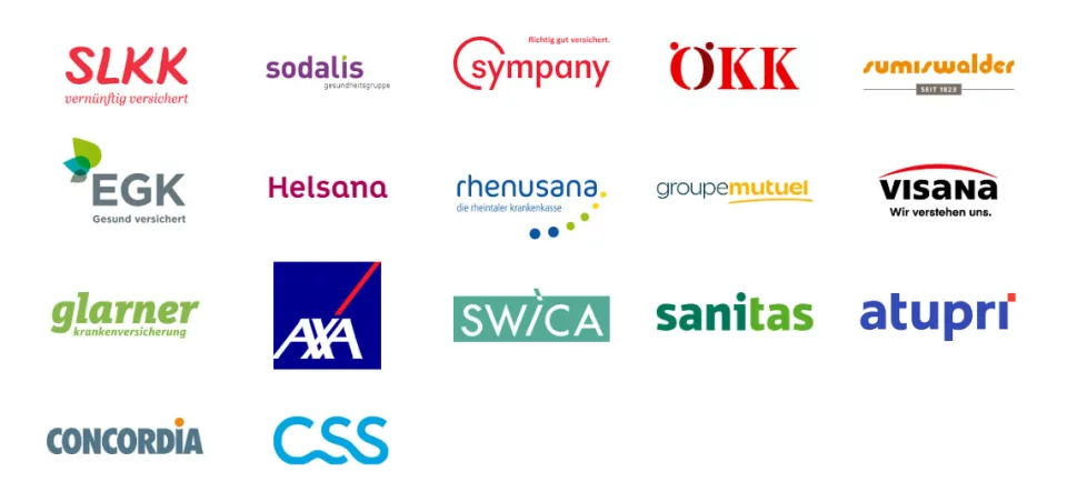 Logos von Krankenkassen, die QualiCert anerkennen, darunter Helsana, CSS, SWICA, Sanitas, Visana und Groupe Mutuel